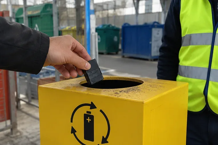 Una mano deposita una piccola batteria in un contenitore giallo dedicato alla raccolta delle batterie presso un centro attrezzato