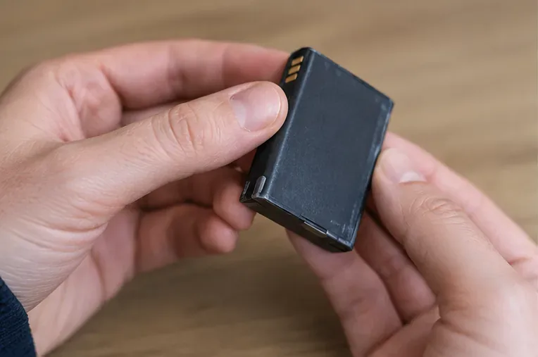 Mani che osservano una piccola batteria al litio removibile e ne controllano involucro e contatti prima del conferimento