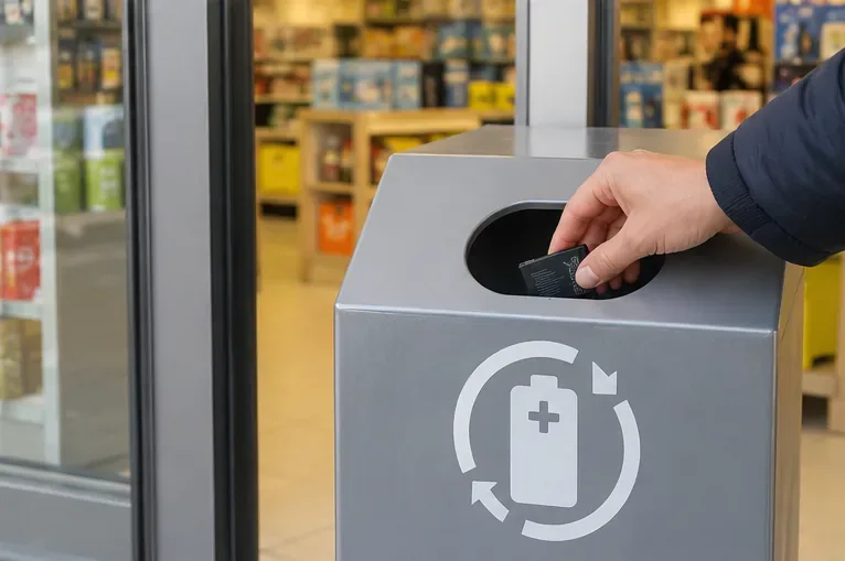 Mano che deposita una piccola batteria in un contenitore dedicato alla raccolta delle batterie presso un punto di ritiro