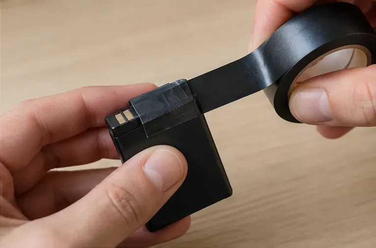 Mani che applicano nastro isolante sui contatti metallici di una piccola batteria al litio rimovibile