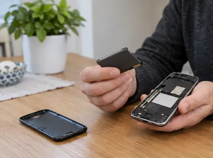 Una persona identifica una batteria al litio rimovibile accanto a uno smartphone aperto su un tavolo domestico