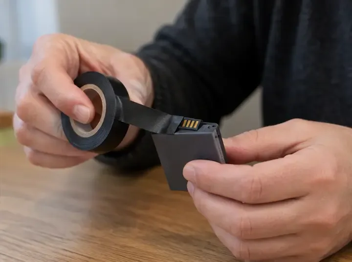 Mani che isolano con nastro non metallico i terminali esposti di una batteria al litio integra