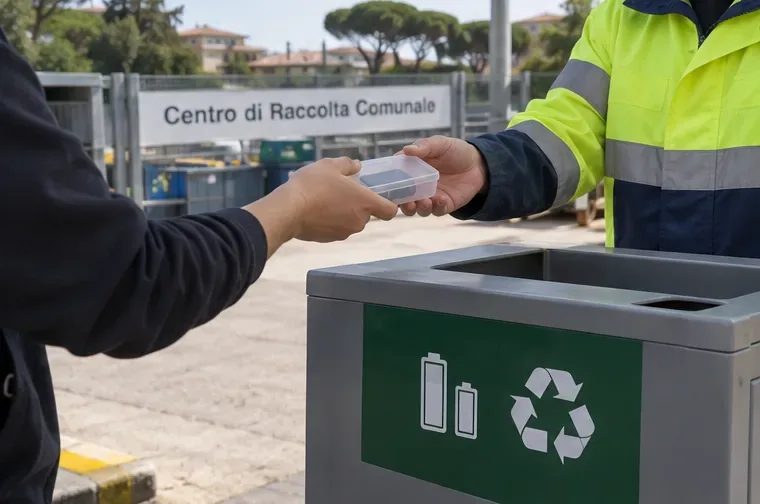 Una persona consegna una piccola batteria protetta in una scatola a un addetto di un centro di raccolta comunale.
