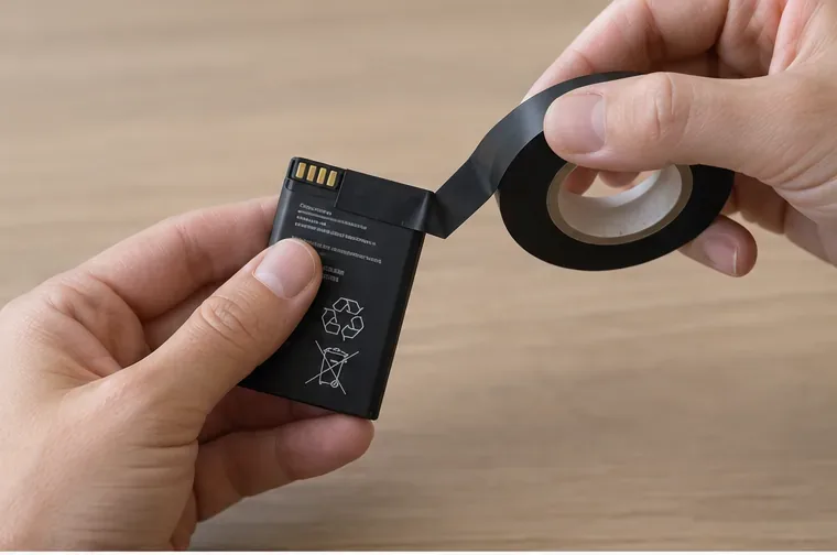 Una persona applica delicatamente nastro isolante sui contatti metallici esposti di una piccola batteria al litio.