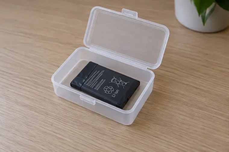 Una piccola batteria al litio con i contatti protetti riposta da sola in una scatola rigida trasparente.