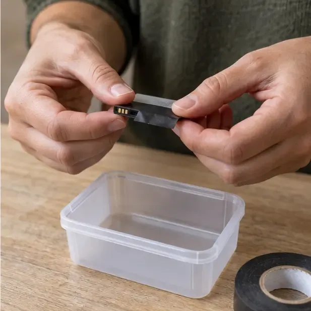 Mani che coprono i contatti metallici di una batteria al litio con nastro isolante vicino a un contenitore separato