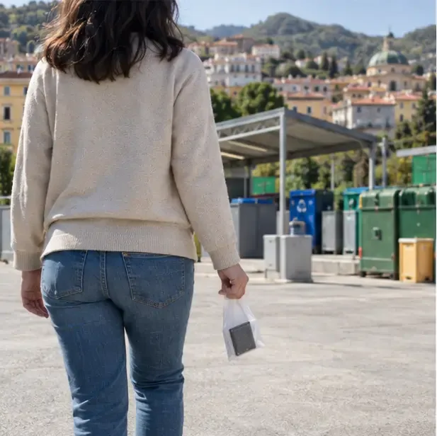 Persona che trasporta una piccola batteria al litio protetta in una bustina verso un centro di raccolta