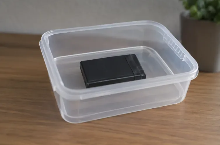 Una batteria al litio integra con contatti protetti è sistemata da sola in un piccolo contenitore rigido