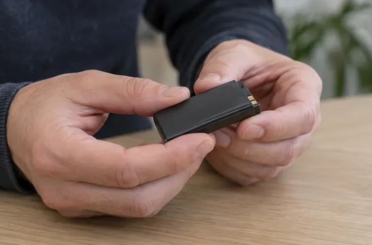 Una persona controlla una piccola batteria al litio rimovibile e ne osserva i contatti prima del conferimento