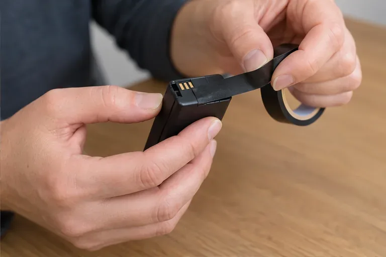 Le mani applicano una striscia di nastro isolante sui contatti di una batteria portatile integra