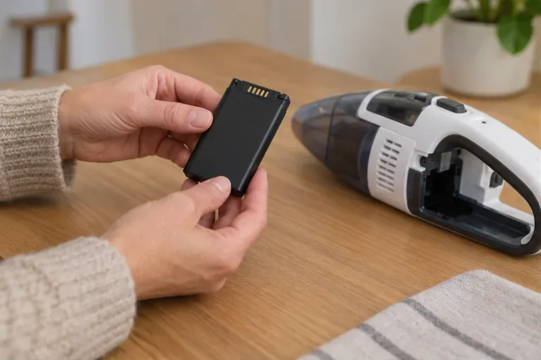 Una batteria integra viene controllata accanto a un piccolo apparecchio prima di essere separata per il conferimento
