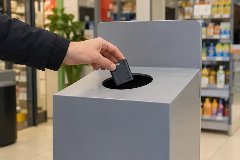 Una batteria portatile integra viene inserita in un contenitore dedicato alla raccolta in un negozio