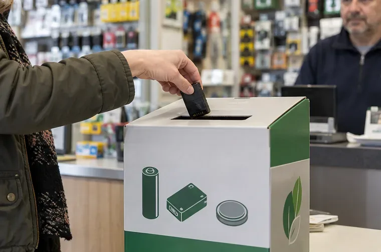 Una persona deposita una batteria portatile usata in un contenitore dedicato presso un punto di raccolta