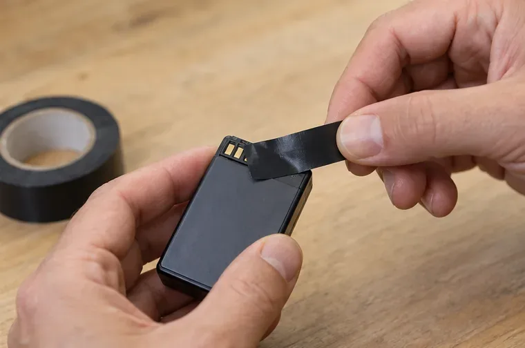 Una mano applica nastro isolante sui contatti metallici di una batteria integra e rimovibile