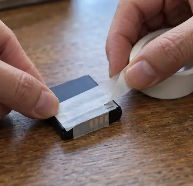 Mani che coprono con nastro non metallico i contatti esposti di una batteria al litio integra