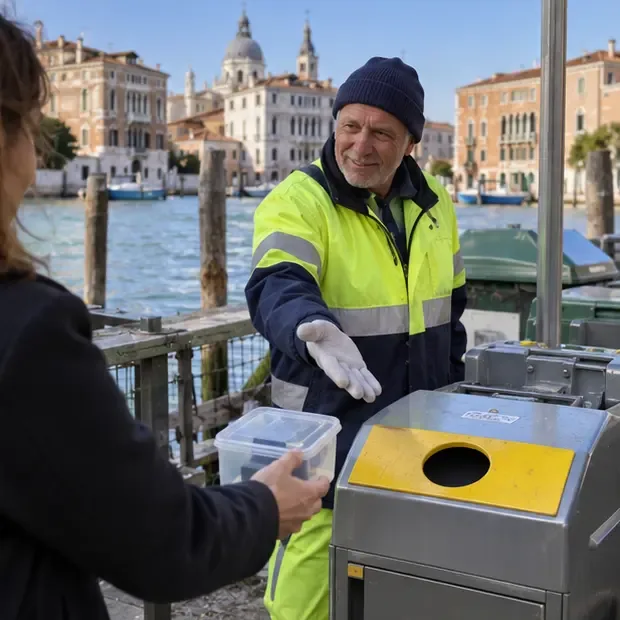 Addetto in abbigliamento da lavoro che indica un contenitore per la raccolta vicino a un canale di Venezia