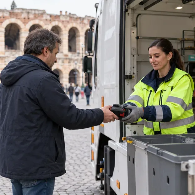 Un operatore con giubbotto ad alta visibilità riceve una batteria portatile da un residente accanto a un veicolo di raccolta