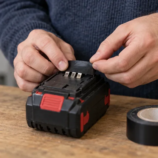 Mani applicano una striscia di nastro isolante sui terminali esposti di una batteria integra