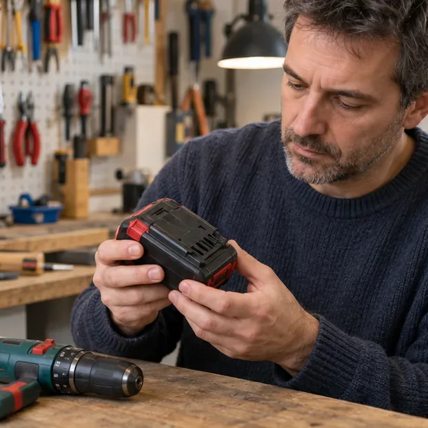 Una persona esamina una batteria rimovibile di un utensile per controllarne l’involucro prima del conferimento