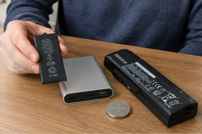 Diverse batterie al litio e una power bank appoggiate su un tavolo mentre una persona controlla una batteria rimovibile