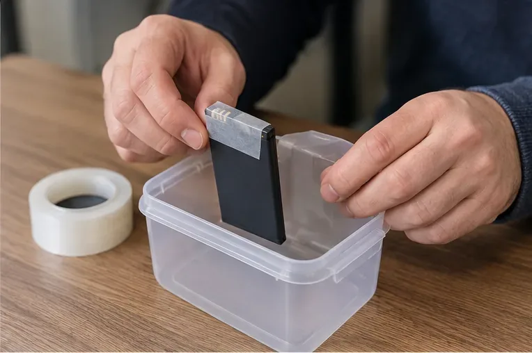 Una persona copre con nastro non conduttivo i contatti di una batteria al litio prima di riporla in un contenitore