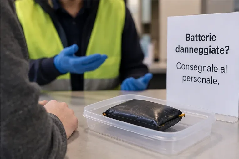 Una batteria al litio visibilmente gonfia viene mostrata al personale di un punto di raccolta invece di essere inserita in un contenitore
