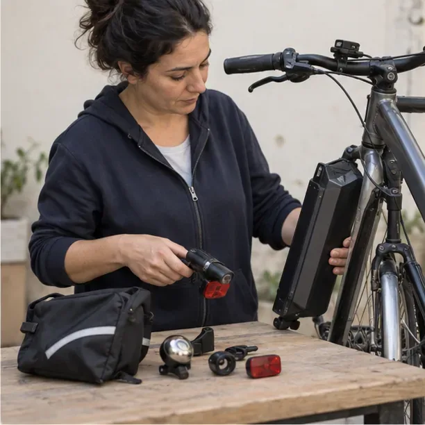 Una persona separa accessori e batteria removibile da una bicicletta elettrica su un banco di lavoro