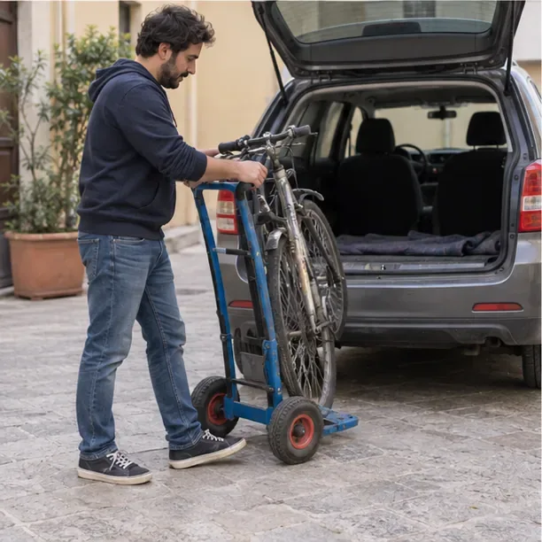 Una persona trasporta una bicicletta usata su un carrello verso il vano di un’automobile
