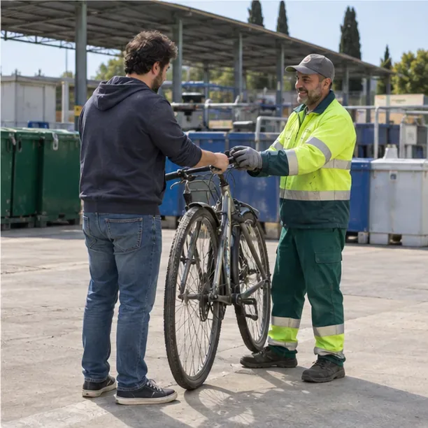 Un addetto in abbigliamento ad alta visibilità riceve una bicicletta da una persona in un centro di raccolta