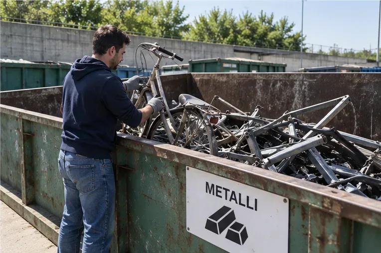 Una persona deposita una vecchia bicicletta in un grande contenitore per metalli presso un centro di raccolta
