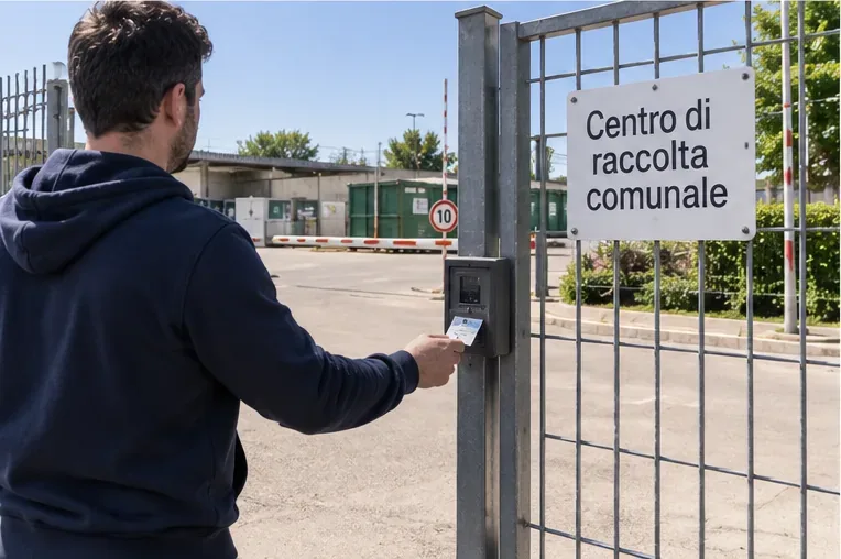 Ingresso di un centro di raccolta comunale con una persona che presenta una tessera al lettore del cancello