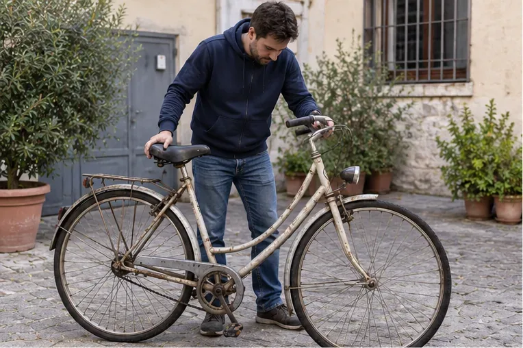 Una persona controlla una vecchia bicicletta da città con telaio e componenti usurati prima di decidere come conferirla a Brescia