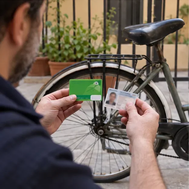 Una persona tiene in mano una tessera e un documento davanti a una bicicletta
