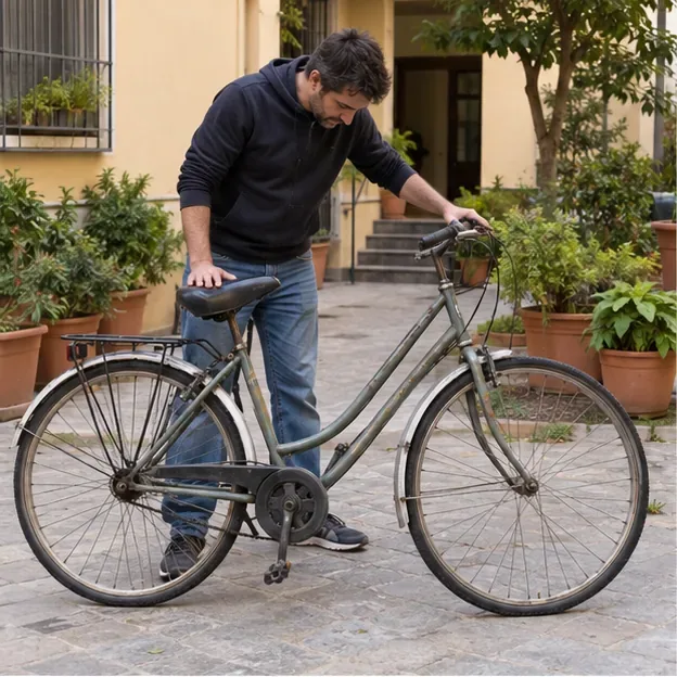 Un uomo controlla una bicicletta da città nel cortile di un’abitazione