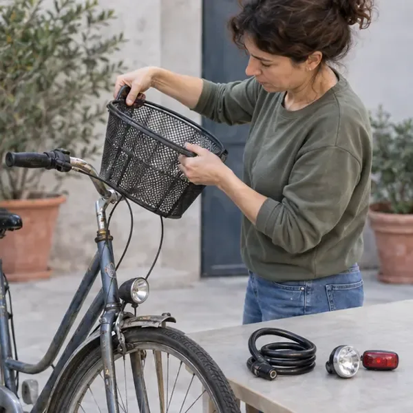 Una persona rimuove il cestino e separa lucchetto e luci da una vecchia bicicletta