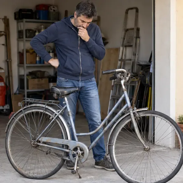 Una persona valuta lo stato di una vecchia bicicletta in un garage prima di decidere come smaltirla