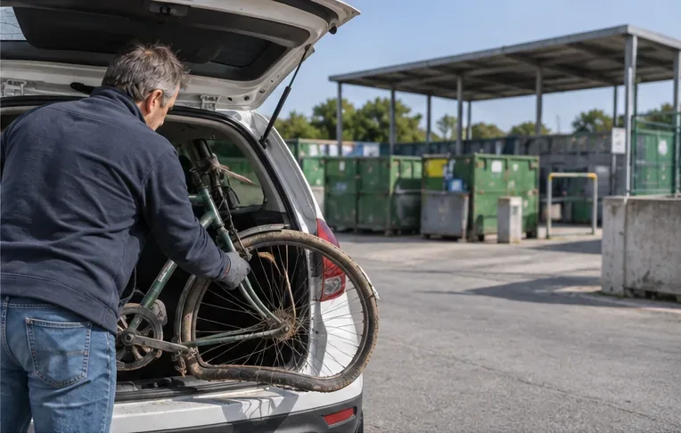 Una persona carica una bicicletta danneggiata nel bagagliaio di un’auto davanti a un centro di raccolta