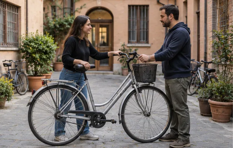 Due persone si scambiano una bicicletta da città ancora in buono stato in un cortile residenziale