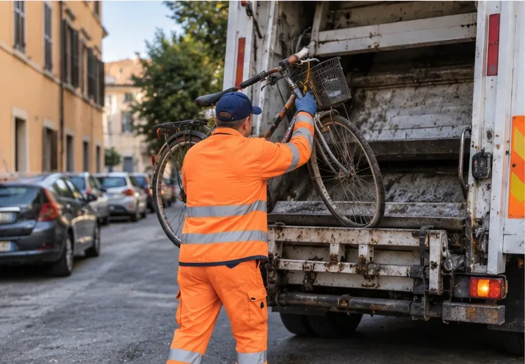Un operatore della raccolta carica una vecchia bicicletta sul retro di un automezzo per rifiuti