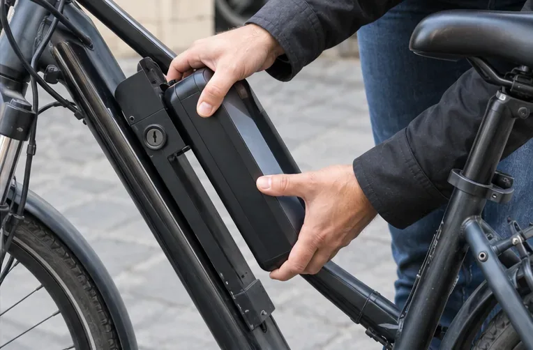 Mani che rimuovono con attenzione la batteria dal telaio di una bicicletta elettrica
