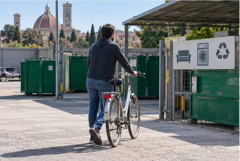 Una persona spinge una bicicletta verso un'area di raccolta attrezzata con grandi contenitori e simboli di riciclo