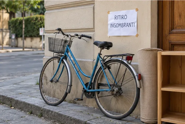 Una vecchia bicicletta appoggiata accanto a oggetti ingombranti con un cartello di ritiro programmato