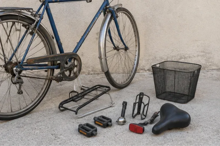 Una vecchia bicicletta con alcuni accessori personali rimossi e appoggiati a terra, tra cui cestino, sella, pedali e portapacchi