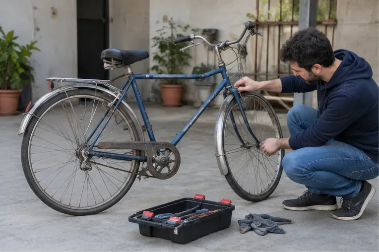 Una persona controlla ruota e telaio di una vecchia bicicletta blu prima di decidere se ripararla o smaltirla