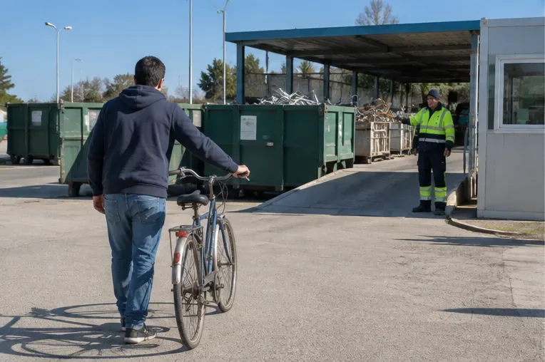 Una persona accompagna a mano una bicicletta verso l’area con cassoni metallici di un centro comunale di raccolta