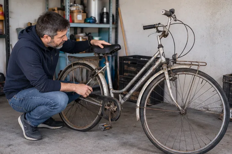 Uomo che controlla una vecchia bicicletta da città in un garage, osservando telaio, ruote e trasmissione