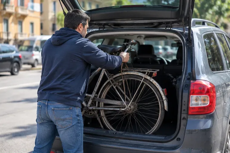 Persona che carica una bicicletta usata nel bagagliaio di un’automobile per trasportarla a un centro di raccolta