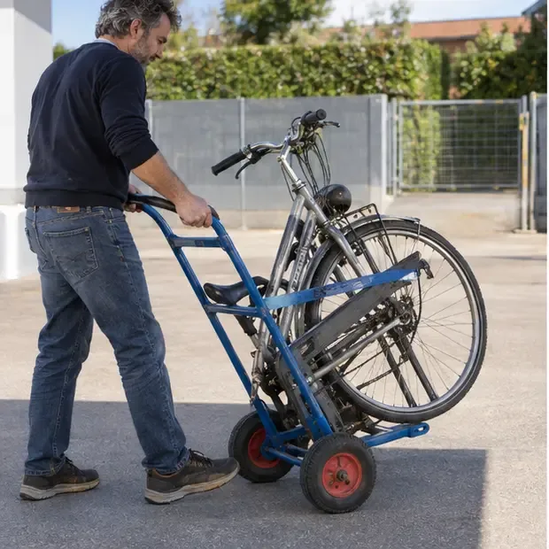 Persona che trasporta una bicicletta fissata con una cinghia su un piccolo carrello manuale