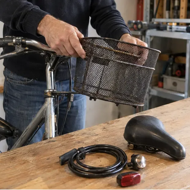 Mani che rimuovono cestino, fanale e lucchetto da una bicicletta prima del conferimento
