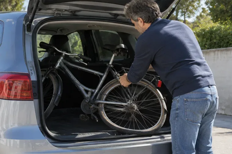 Una persona carica con attenzione una bicicletta usata nel bagagliaio di un'automobile
